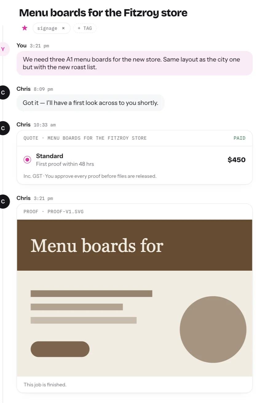 A taskblitz job thread: a Shopify fix quoted, built, and approved in chat